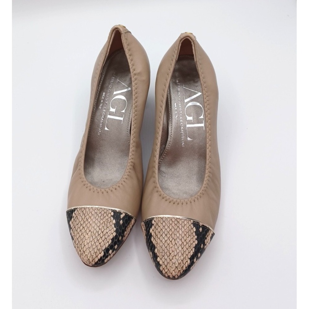 AGL Italy Women's Size 37/US 6 Cap Toe Pump Tan Leather Snake Print Heels EUC